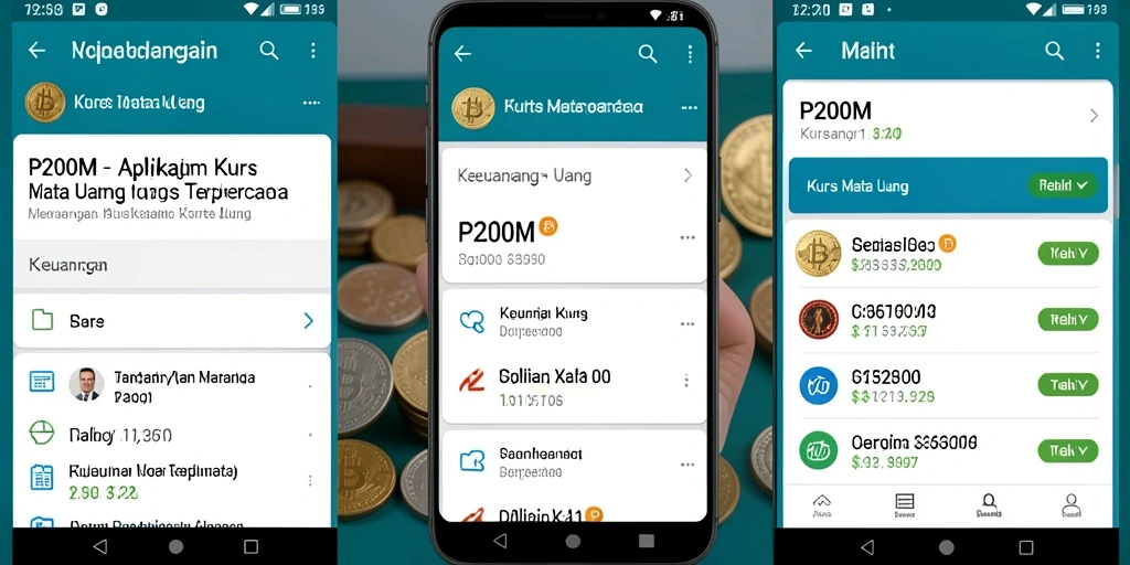 Screenshot antarmuka aplikasi P200M menampilkan fitur kurs mata uang.