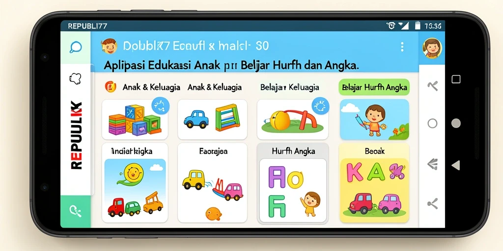 Tampilan antarmuka aplikasi REPUBLIK77 yang menarik untuk belajar huruf dan angka.
